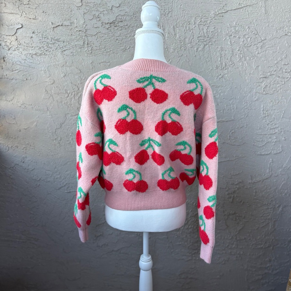 Womens Pink Cherry Print Long Sleeve Crew Neck Knit Crop Top Sweater - Picture 2 of 7